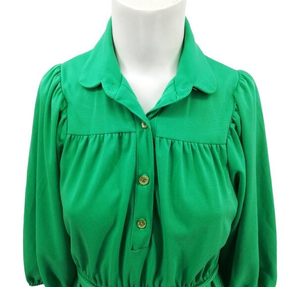 Vintage Handmade Stretch Sheath Shirt Dress Size S? Green Skater Knit 70s Tie - Picture 2 of 10
